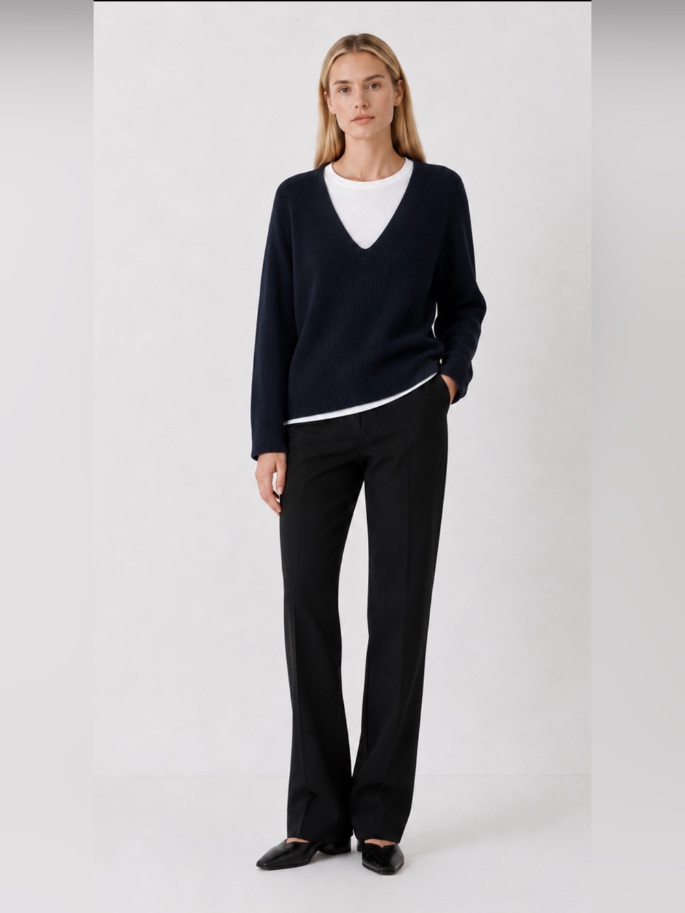 Helmut Lang Wool Cashmere Ribbed V-Neck Sweater Dark Navy Minimalist Unisex